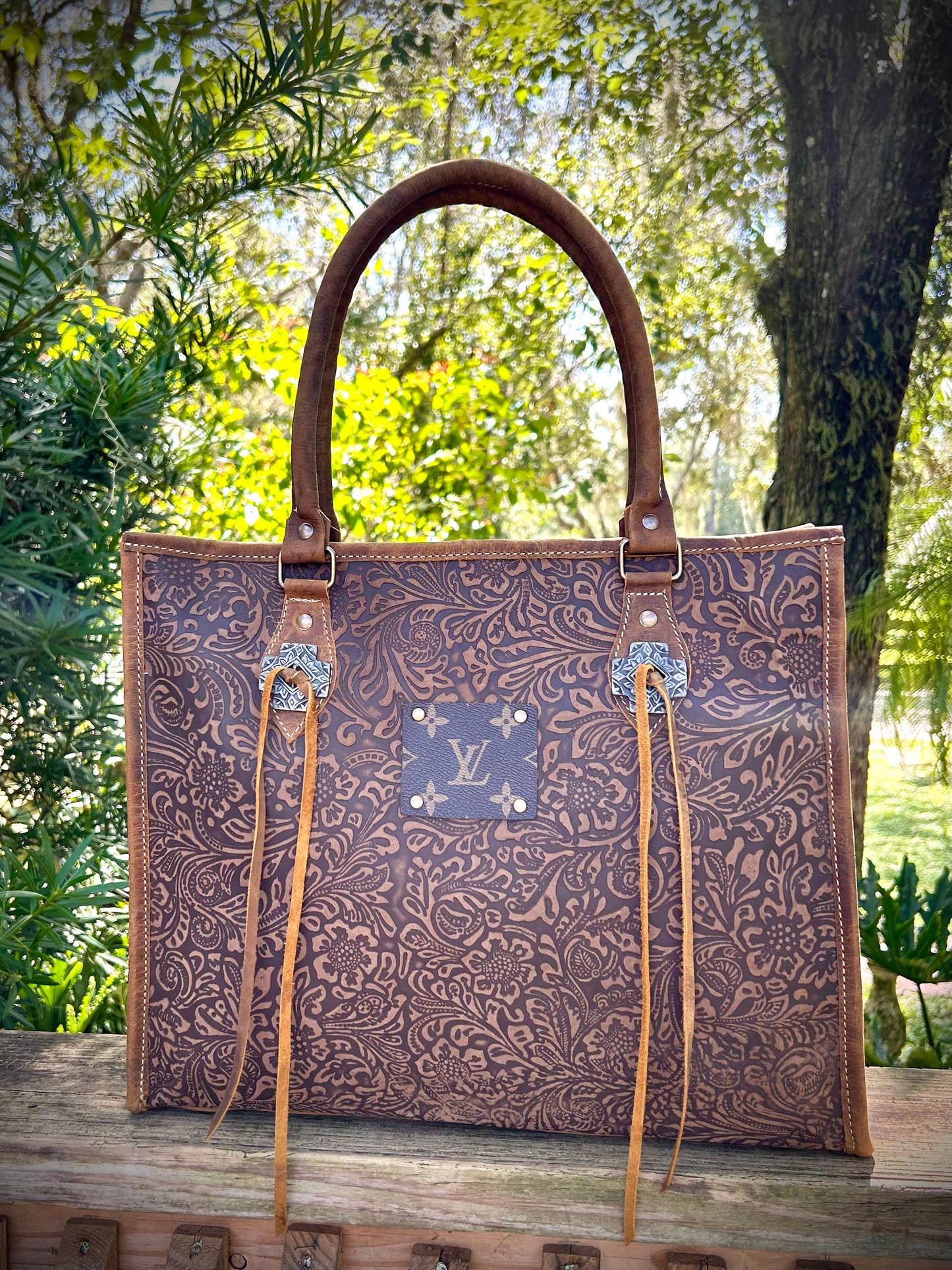 Upcycled LV Embossed Leather Tote Shoulder Bag Western Boho