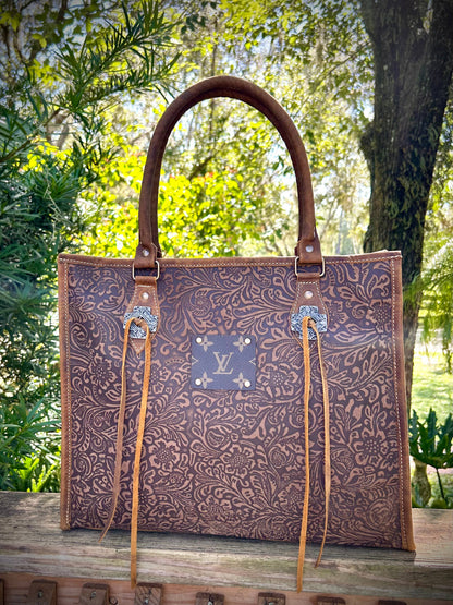 Upcycled LV Embossed Leather Tote Shoulder Bag Western Boho