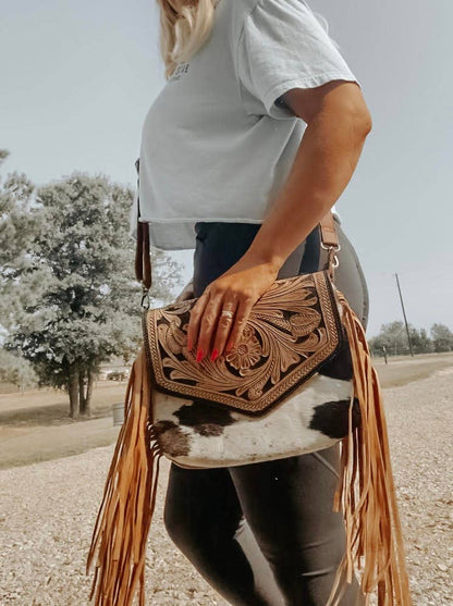 Detailed Tooled Leather Fringe Cowhide Western Purse