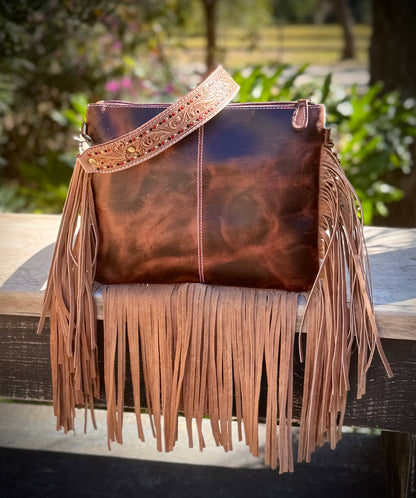 Upcycled LV Tooled Leather Cowhide Fringe Crossbody Bag 