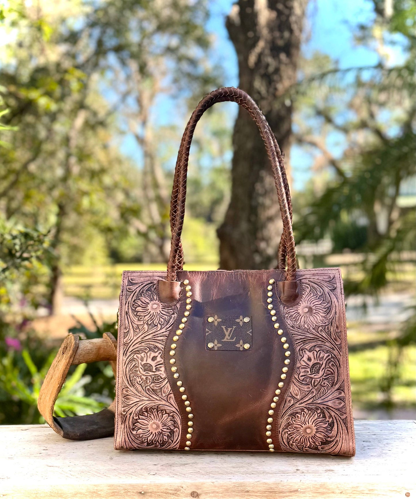 Upcycled LV Leather Satchel Crossbody Bag Western Studs