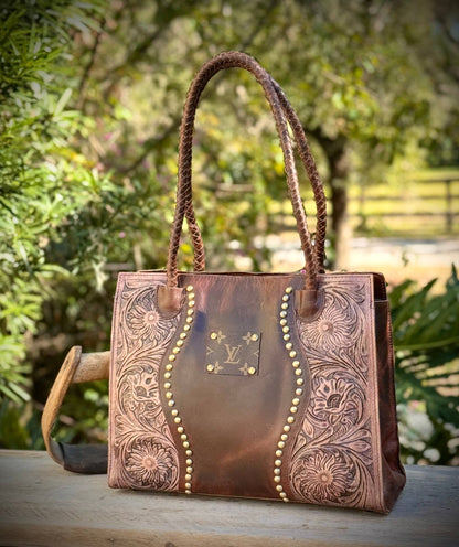 Upcycled LV Leather Satchel Crossbody Bag Western Studs