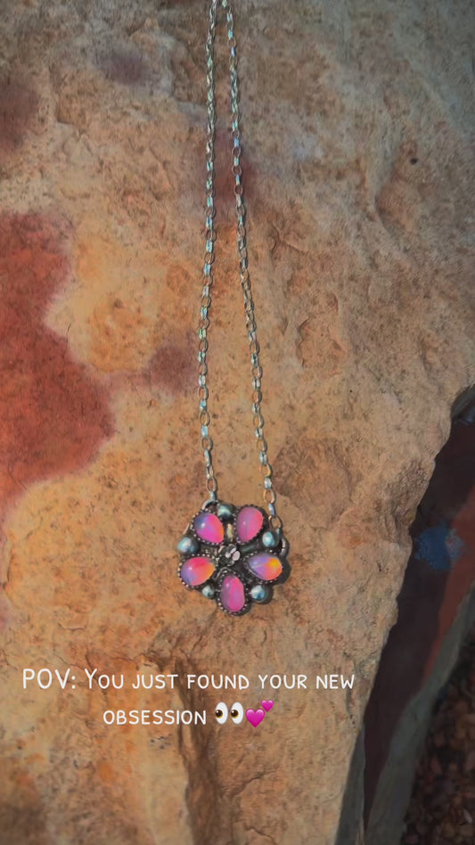 Pink Aurora Opal Starlight Flower Necklace 16”